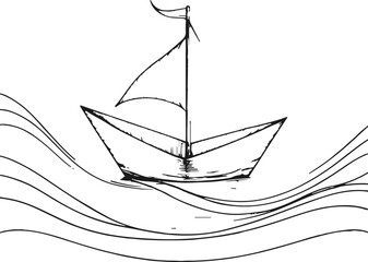 Paper boat floating on waves, black and white vector line art, symbol of journey