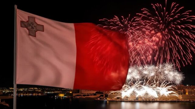 maltese flag waving against vibrant night sky filled with fireworks over cityscape. celebration and national pride. festive event, malta independence day. travel, greeting card. - Powered by Adobe