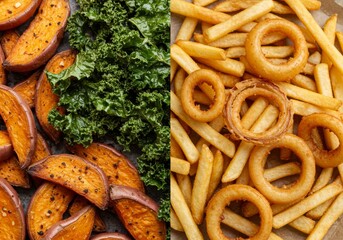 Split image with roasted sweet potatoes kale chips french fries and onion rings