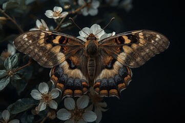 A beautifully patterned butterfly with brown, orange, and black markings rests on small white flowers, set against a dark background.