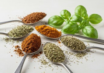 Spoons filled with ground spices and scattered dried herbs oregano basil and marjoram
