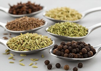 Spoons with detox spices cumin fennel coriander and black pepper on dark background
