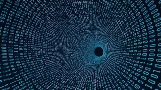 Immersive digital tunnel of binary code, illustrating complex data networks and information transfer