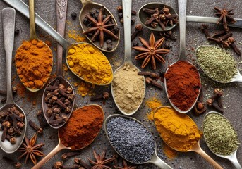 Spoons with spices and magnified textures of powders and seeds on dark background