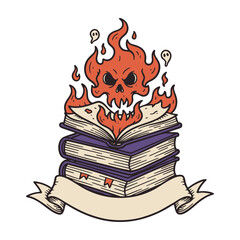 cartoon stack of burning books with a spooky skull shape flame with a blank banner, fantasy Halloween illustration
