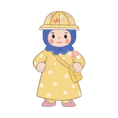 Cute Watercolor Style Toddler with Hijab Illustration in Kindergarten Uniform
