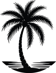 Tropical palm tree silhouette over water beach ocean