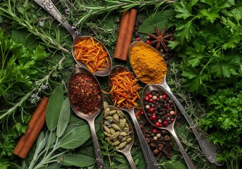Spoons with spices surrounded by rosemary sprigs, thyme, sage leaves, and fresh parsley