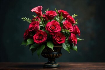 Dark roses & calla lilies in ornate urn; opulent gothic floral design, calla lilies, antique, stock photo