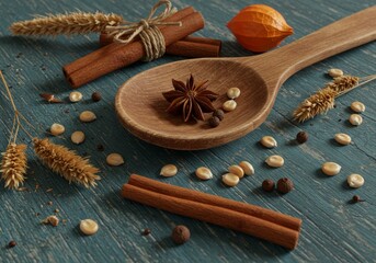 Wooden spoon cinnamon sticks and dried corn on blue wood with autumn accents