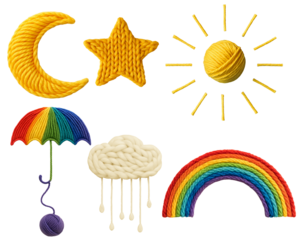 Woolen Weather Icons – Moon, Sun, Star, Cloud, Rainbow, Umbrella