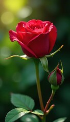 Deep crimson rose and unopened bud, sunlight dappled leaves , vibrant, red rose, floral