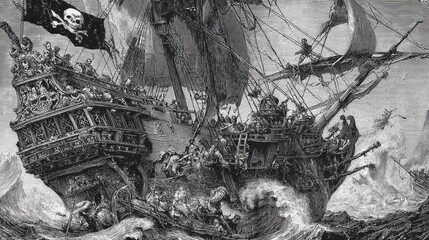 Black and white detailed line art etching of a massive pirate ship, The Sea Serpent, battling monstrous waves in a stormy ocean. 