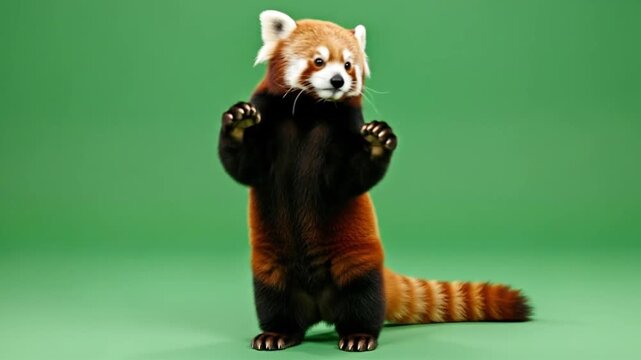 Adorable Red Panda Standing Upright with Paws Raised Against a Green Background