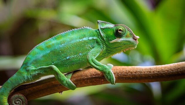 a vibrant green chameleon perched on a branch showcasing its distinct texture and colors with a curled tail and an expressive eye