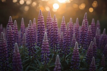 A vibrant field of purple lupine flowers stands tall, illuminated by the warm glow of a setting sun in the background, creating a serene and picturesque scene.