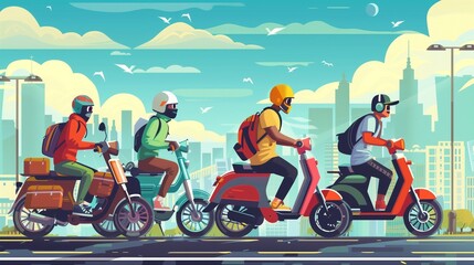 Group of delivery riders on bicycles and scooters, colorful cartoon vector flat style, faceless characters, urban skyline background.