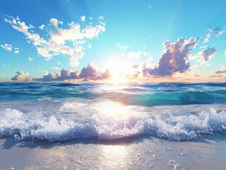 Naklejka premium Sunrise over tranquil ocean waves coastal landscape nature photography serene atmosphere scenic view
