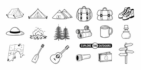 Collection of hand drawn outdoor adventure and camping icons for exploration and recreation