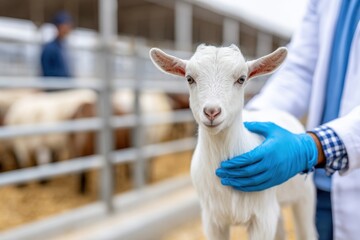 Obraz premium A white baby goat is gently held by a person in blue gloves and a lab coat at an animal farm.