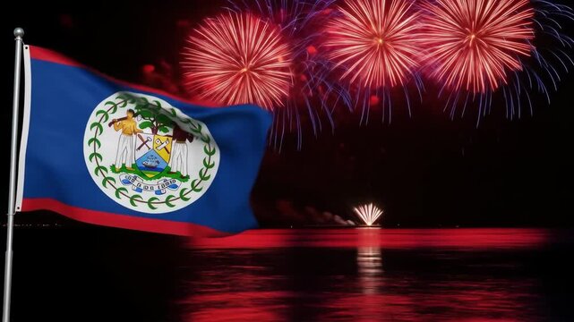belize flag waving against vibrant night sky filled with colorful fireworks reflecting on water. celebration of national identity and festivity. independence day. travel, event promotion - Powered by Adobe