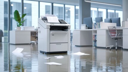 An office workspace is flooded with water, featuring a large multifunction printer surrounded by floating wet papers and office furniture.