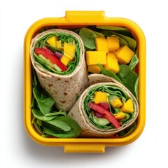 Colorful lunch box containing two rolled wraps filled with fresh vegetables and mango, surrounded by leafy greens, showcasing healthy meal preparation and vibrant food presentation
