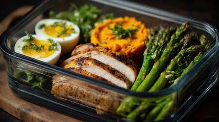 Grilled chicken breast served with asparagus, mashed sweet potato, and boiled eggs in a glass meal prep container, showcasing healthy eating and meal planning concepts