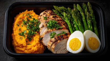 Grilled chicken breast with vibrant orange mashed sweet potatoes, fresh green asparagus, and sliced boiled eggs, presented in a black meal prep container for healthy eating