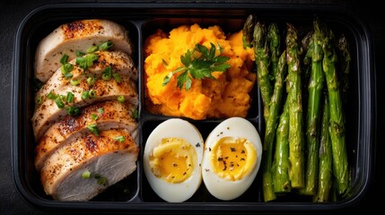 Grilled chicken breast slices served with creamy mashed sweet potatoes, boiled eggs, and fresh asparagus in a black meal prep container, showcasing healthy eating habits