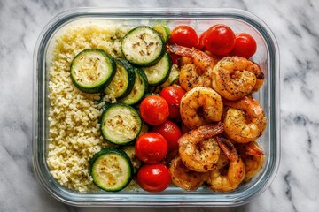 Colorful meal prep container featuring grilled shrimp, zucchini slices, cherry tomatoes, and couscous, showcasing a healthy and balanced diet for nutritious eating habits