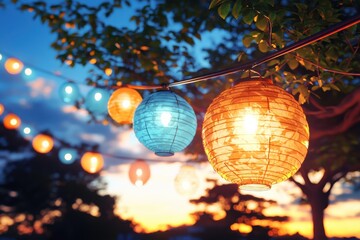 Obraz premium Illuminated lanterns at sunset outdoor gathering photography serene atmosphere close-up cultural celebration