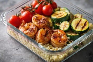 Grilled shrimp with seasoned zucchini and cherry tomatoes served over fluffy couscous in a glass container, showcasing a vibrant and healthy meal preparation concept