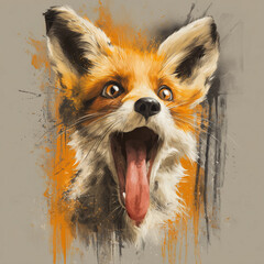 Artistic portrait of a funny fox with an open mouth and tongue out in bright paint strokes