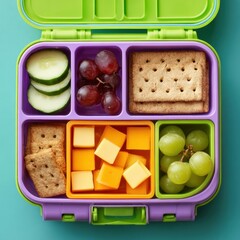 Colorful lunchbox filled with healthy snacks including grapes, cucumber slices, cheese cubes, and crackers, showcasing a vibrant and nutritious meal for children