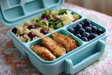Colorful lunchbox filled with healthy food options including quinoa, salad, grapes, blueberries, and breaded chicken, showcasing a balanced meal for nutritious eating