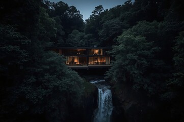 A modern house with large glass windows is illuminated at dusk, nestled amidst lush trees and perched above a waterfall cascading down rocky cliffs.