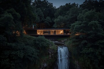 A modern house with large glass windows is illuminated at dusk, nestled amidst lush trees and perched above a waterfall cascading down rocky cliffs.