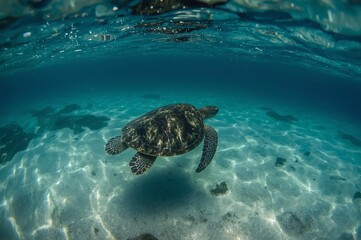 A sea turtle gracefully swims over the sandy ocean floor, its patterned shell and flippers clearly visible through the crystal-clear turquoise water.