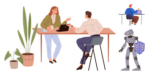 People discussing work around a table with a laptop, large plants, standalone worker at a desk, and a robot. Ideal for teamwork, technology, workspace, innovation, productivity AI and creativity