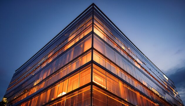 glass building at dusk lit with orange lights inside