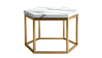 Geometric coffee table with a white marble top and a golden metal frame, exhibiting modern design and an elegant aesthetic, placed against a completely black background, presenting a clean and...