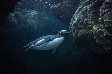 A penguin gracefully swims underwater between large rocks, with sunlight filtering through the water, creating a serene and captivating atmosphere.