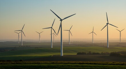 Wind turbines spinning across lush green field generating renewable energy under clear blue sky
