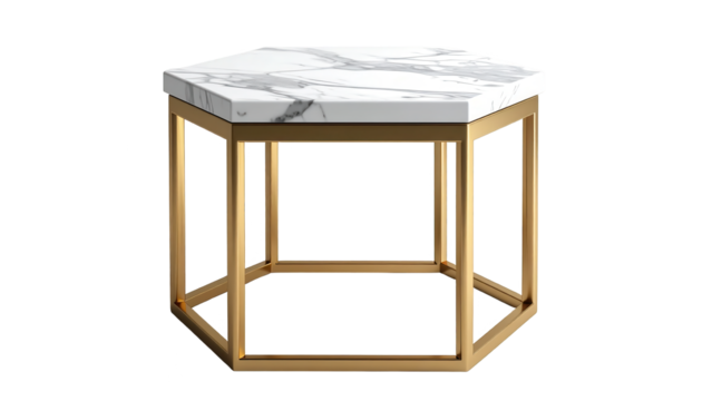 Geometric coffee table with a white marble top and a golden metal frame, exhibiting modern design and an elegant aesthetic, placed against a completely black background, presenting a clean and...
