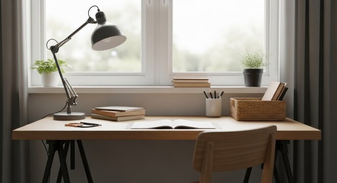 Home office desk by window, minimalist style
