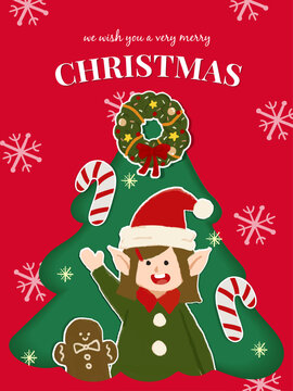 Cute Christmas Greeting Card with Elf, Candy Canes, and Holiday Decorations. vector Illustration