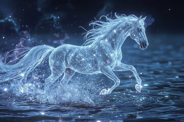 A luminous, ethereal horse gallops across a shimmering water surface, its mane flowing gracefully and body sparkling with light, creating a magical and otherworldly scene.