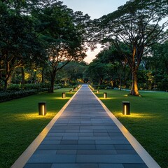 Obraz premium Evening stroll through lush park pathway urban landscape photography tranquil environment serene viewpoint