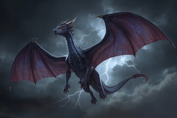 A majestic dragon with dark scales and large, outstretched wings hovers against a dramatic stormy sky, with flashes of lightning illuminating its form.